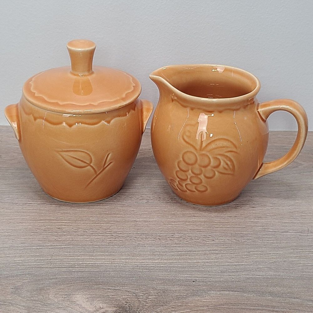 Vintage Style House Porcelain Orange Peach Glaze Cream Sugar Set